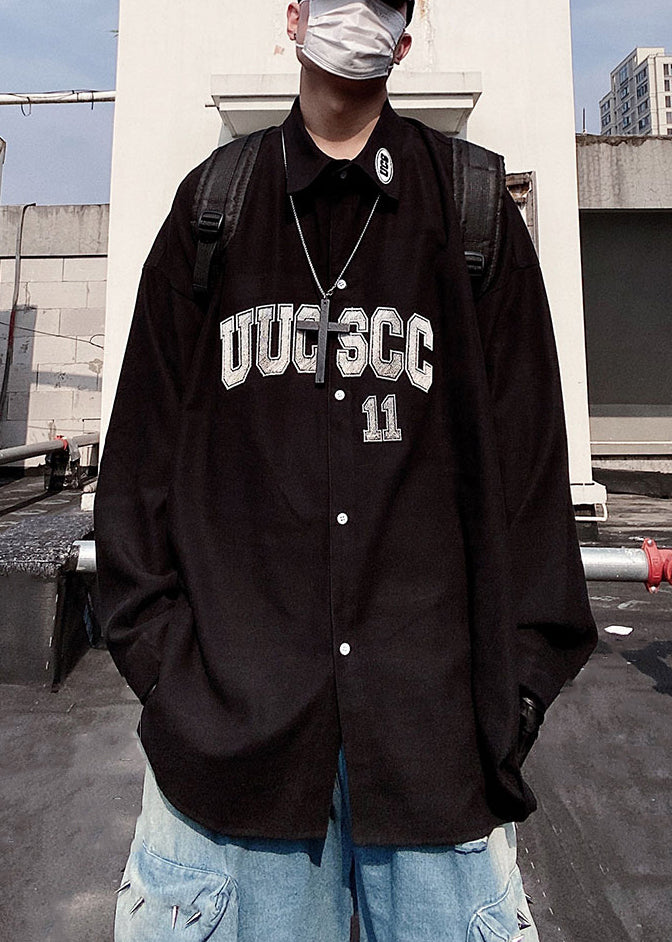 Shirts Button New Blue Spring Letter Oversized Cotton Mens