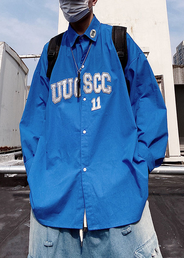Shirts Button New Blue Spring Letter Oversized Cotton Mens