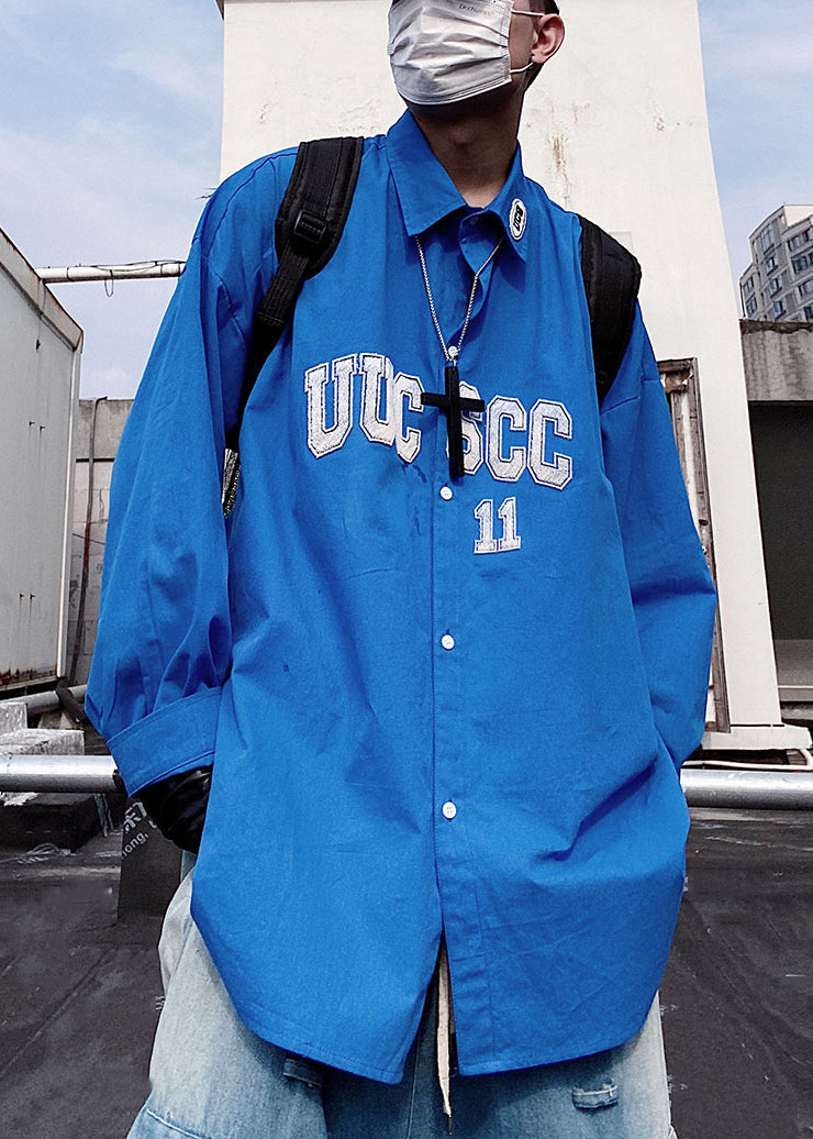 Shirts Button New Blue Spring Letter Oversized Cotton Mens