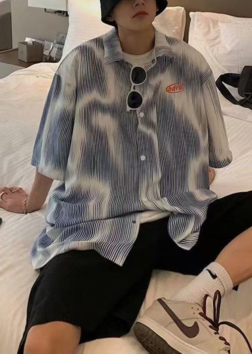 Sleeve New Half Striped Cotton Shirts Button Blue Mens