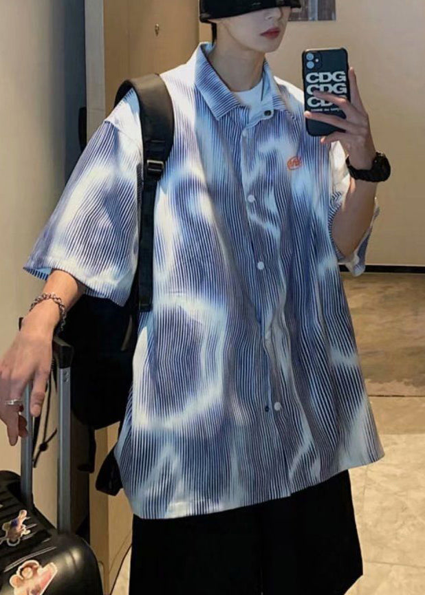 Sleeve New Half Striped Cotton Shirts Button Blue Mens