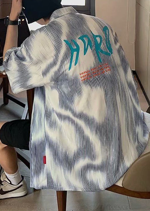 Sleeve New Half Striped Cotton Shirts Button Blue Mens