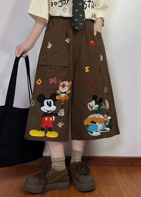 Pockets Denim Crop Mens New Cartoon Print Pants Summer Coffee