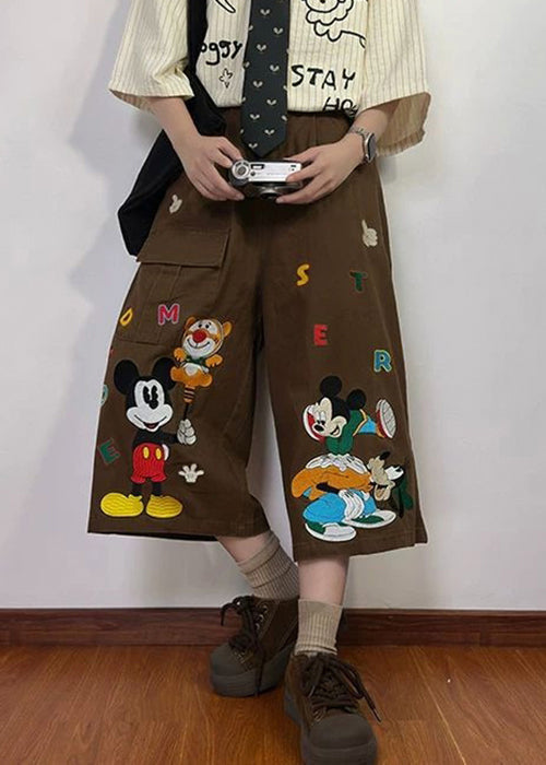 Pockets Denim Crop Mens New Cartoon Print Pants Summer Coffee