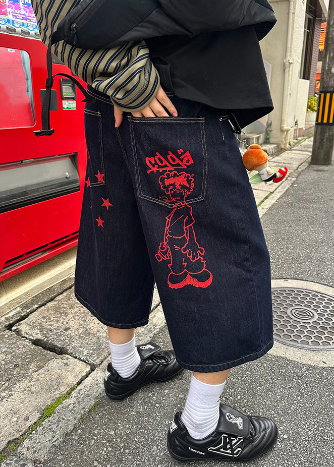 Denim Navy Pants Summer New Crop Print Men Pockets