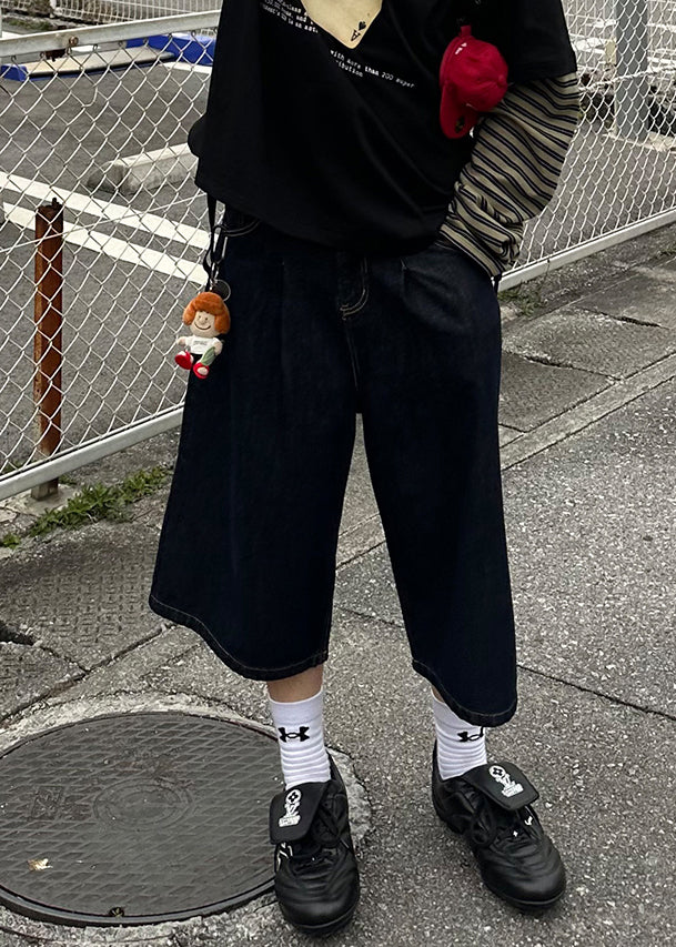 Denim Navy Pants Summer New Crop Print Men Pockets