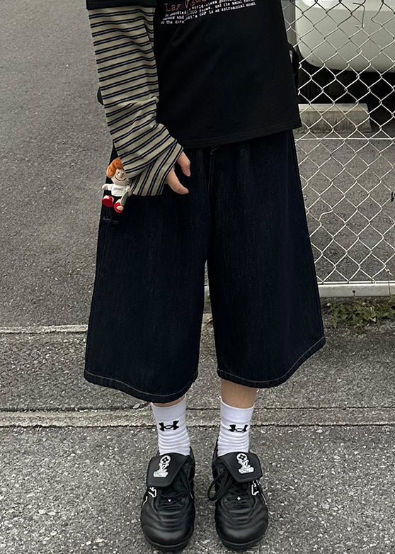 Denim Navy Pants Summer New Crop Print Men Pockets