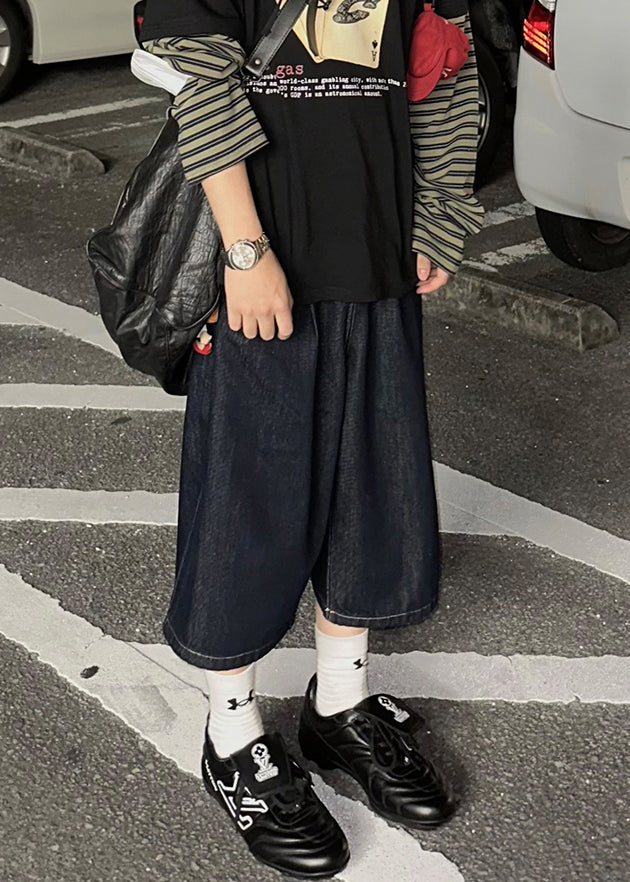 Denim Navy Pants Summer New Crop Print Men Pockets