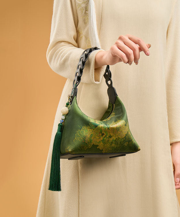 Print Silk Tassel Tote Green Retro Blackish New Bag