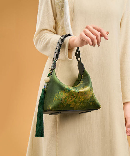 Print Silk Tassel Tote Green Retro Blackish New Bag
