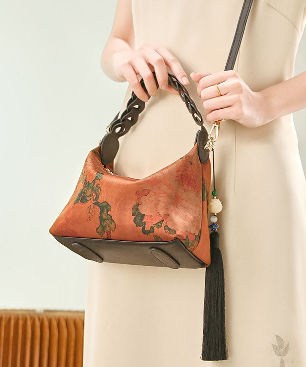 Print Silk Tassel Tote Green Retro Blackish New Bag