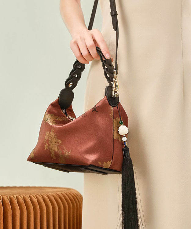 Print Silk Tassel Tote Green Retro Blackish New Bag