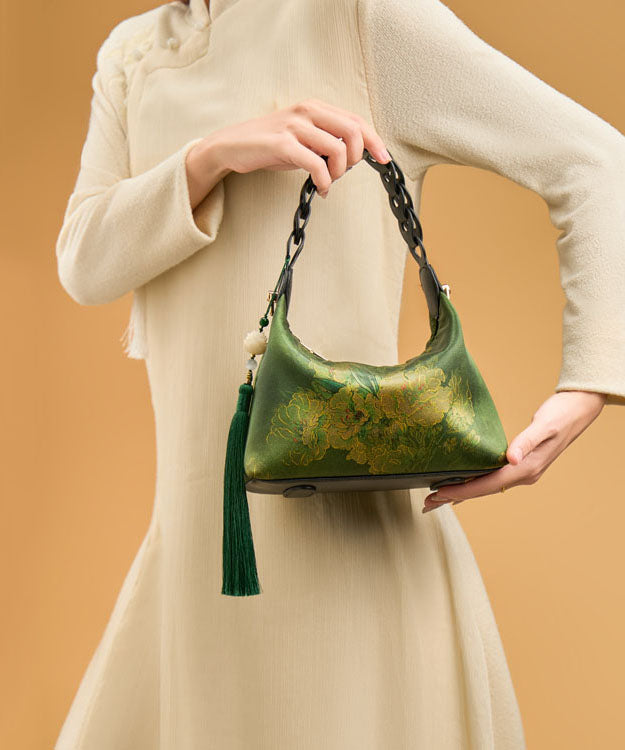 Print Silk Tassel Tote Green Retro Blackish New Bag