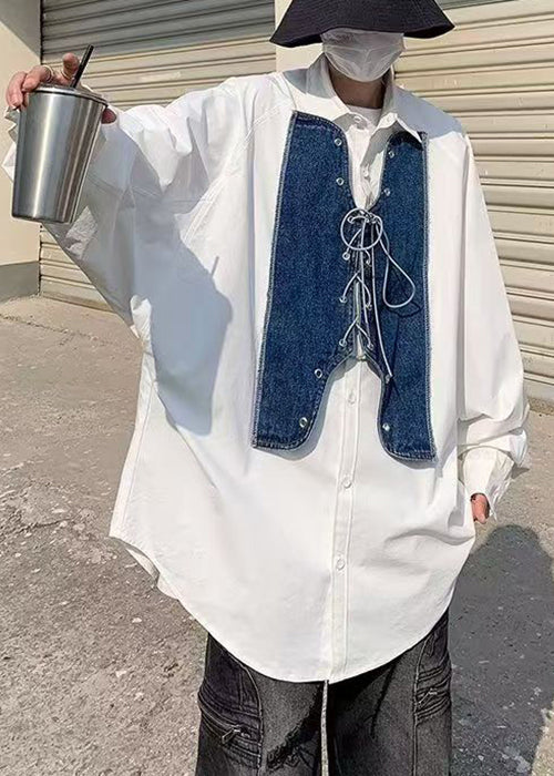 Denim Mens Shirt Up Lace New Spring Patchwork White