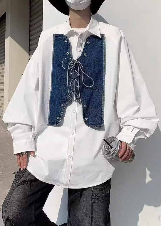 Denim Mens Shirt Up Lace New Spring Patchwork White