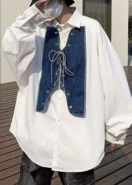 Denim Mens Shirt Up Lace New Spring Patchwork White