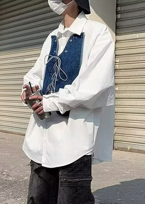 Denim Mens Shirt Up Lace New Spring Patchwork White