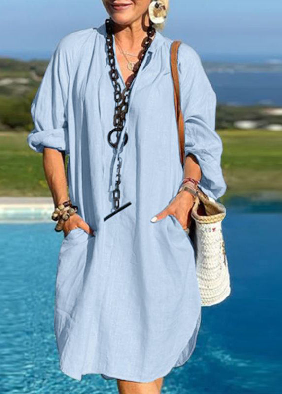 Light Patchwork Vacation Blue Mid Pockets Dresses V Neck Organic