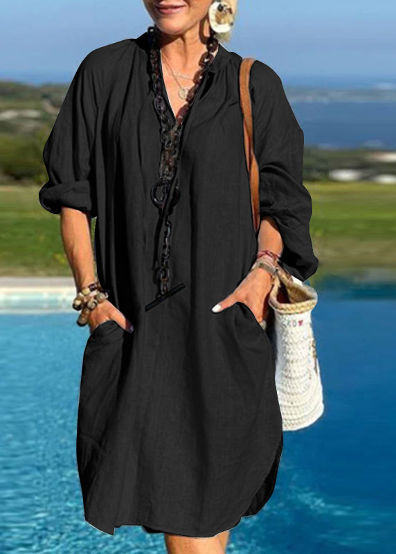 Light Patchwork Vacation Blue Mid Pockets Dresses V Neck Organic