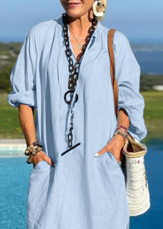 Light Patchwork Vacation Blue Mid Pockets Dresses V Neck Organic