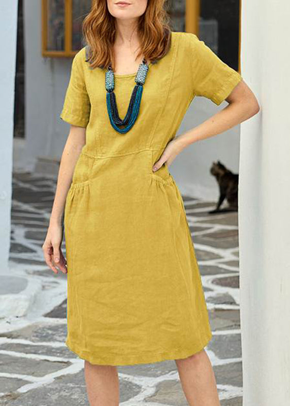 Patchwork Long Organic Pockets Sleeve Short Solid Dress Yellow