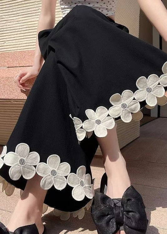 Pants Patchwork Leg Wide Floral Design Original Cotton Black