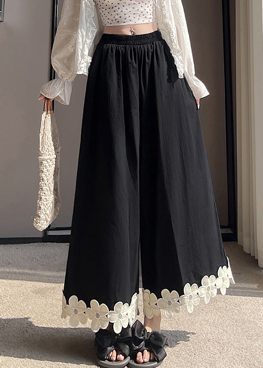 Pants Patchwork Leg Wide Floral Design Original Cotton Black