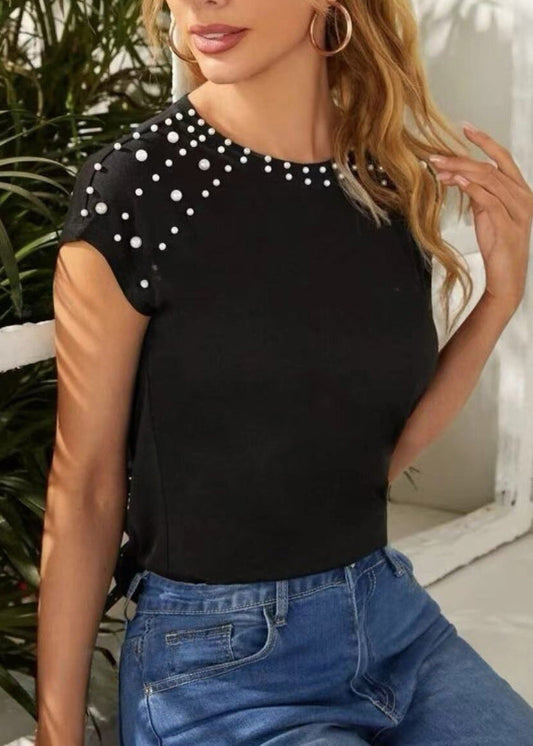 Summer Bead O-Neck Nail Shirts Cotton T Black Original Design
