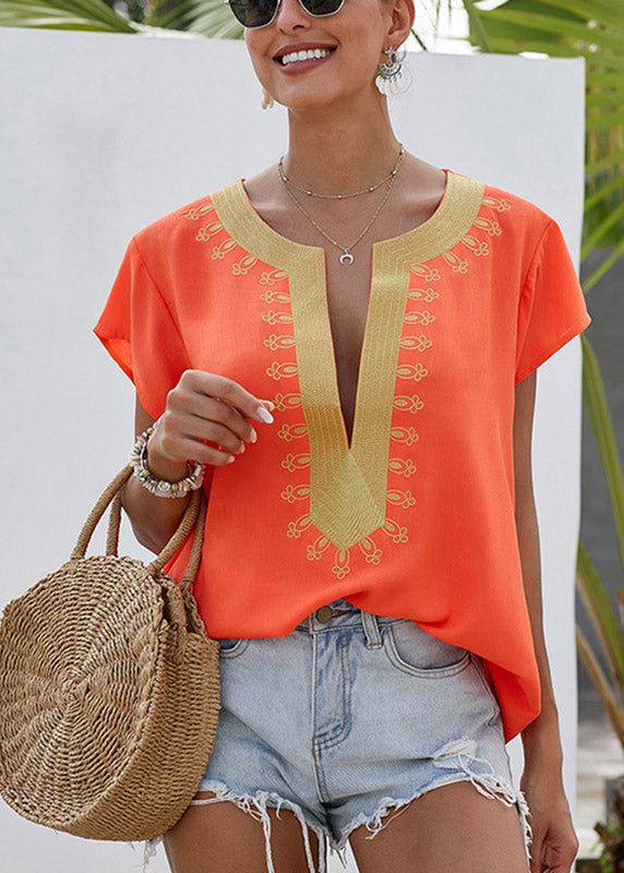Original Design Short Orange Top Print Sleeve O-Neck