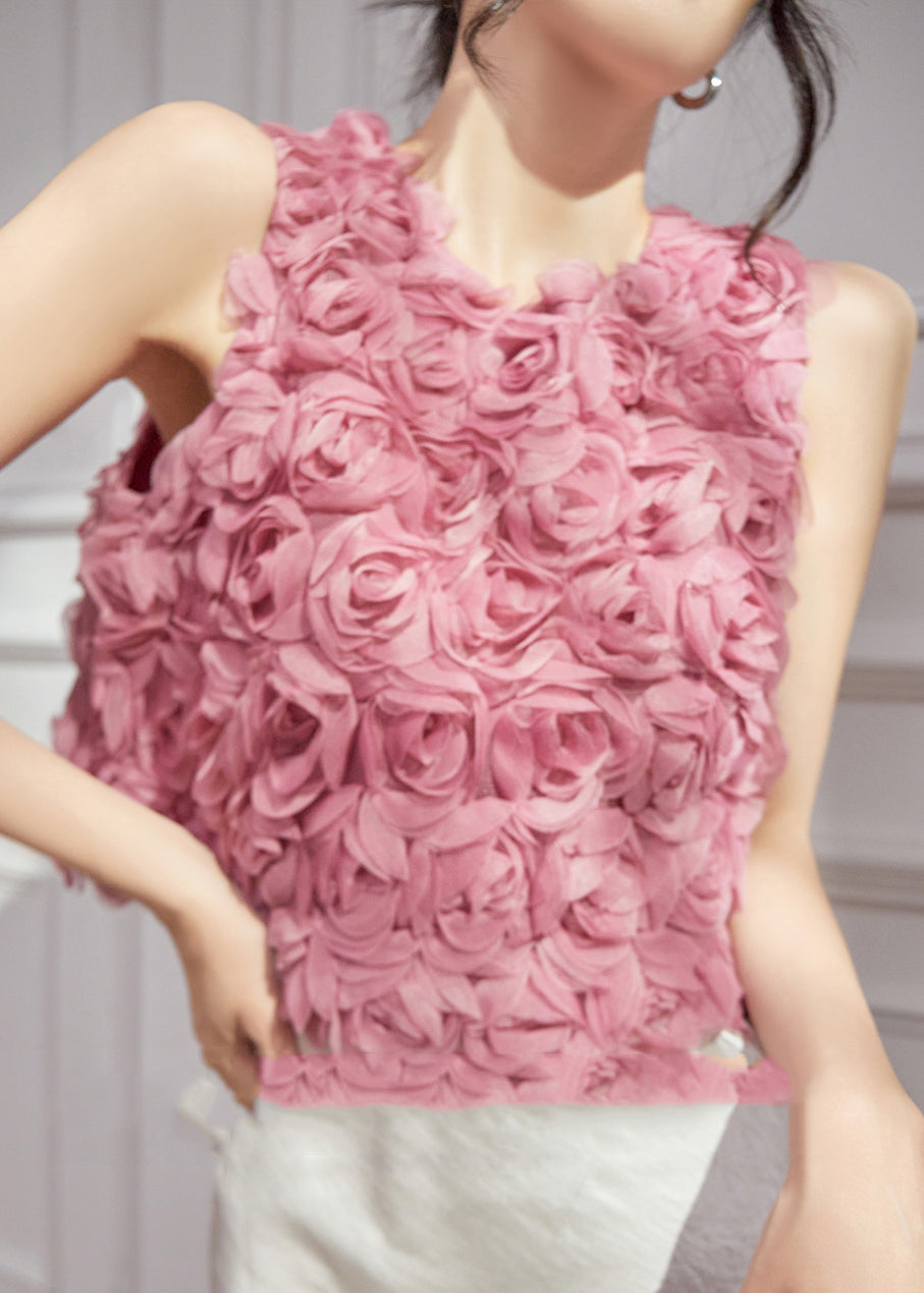 Floral Sleeveless Original Design Tulle Vests Pink