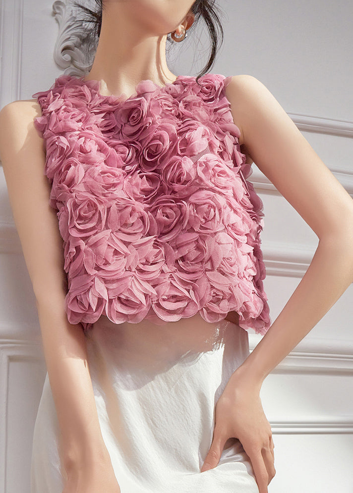 Floral Sleeveless Original Design Tulle Vests Pink
