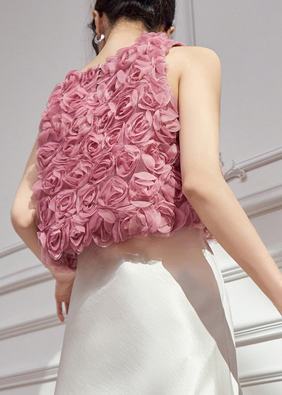 Floral Sleeveless Original Design Tulle Vests Pink