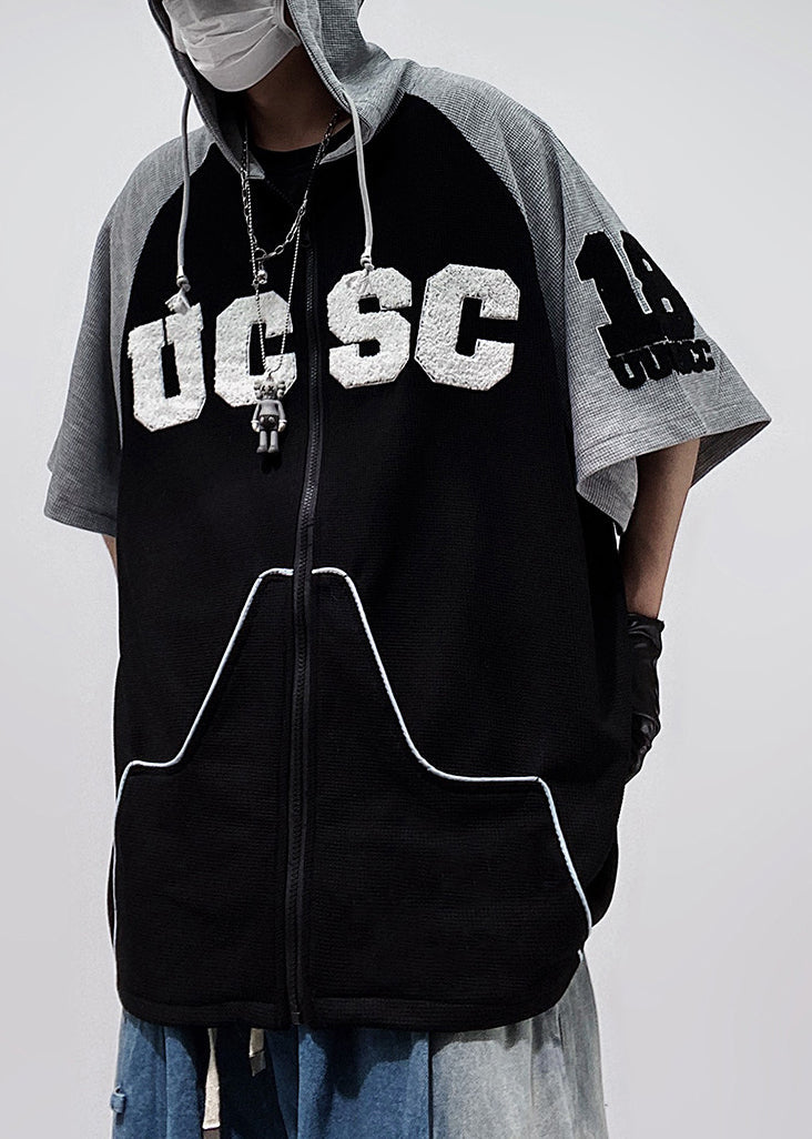 Shirts Hooded Size Cotton Half Plus Black T Patchwork Men Zippered Sleeve