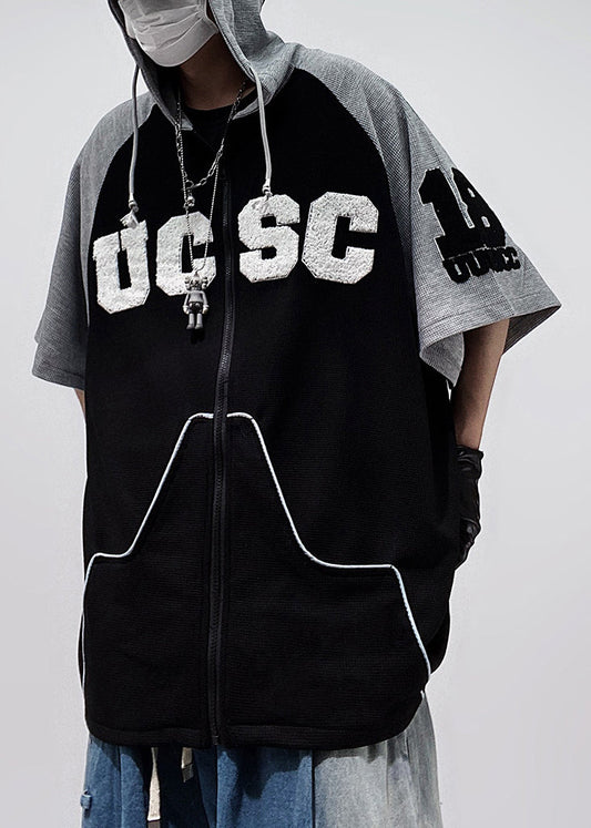 Shirts Hooded Size Cotton Half Plus Black T Patchwork Men Zippered Sleeve