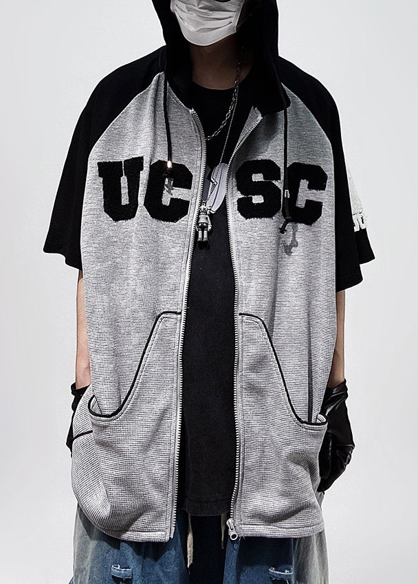 Shirts Hooded Size Cotton Half Plus Black T Patchwork Men Zippered Sleeve