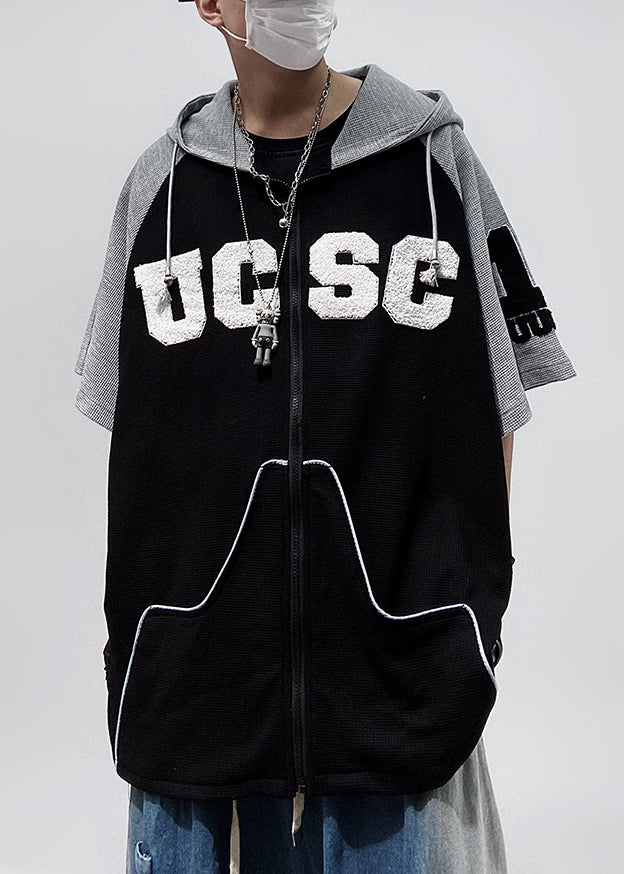 Shirts Hooded Size Cotton Half Plus Black T Patchwork Men Zippered Sleeve