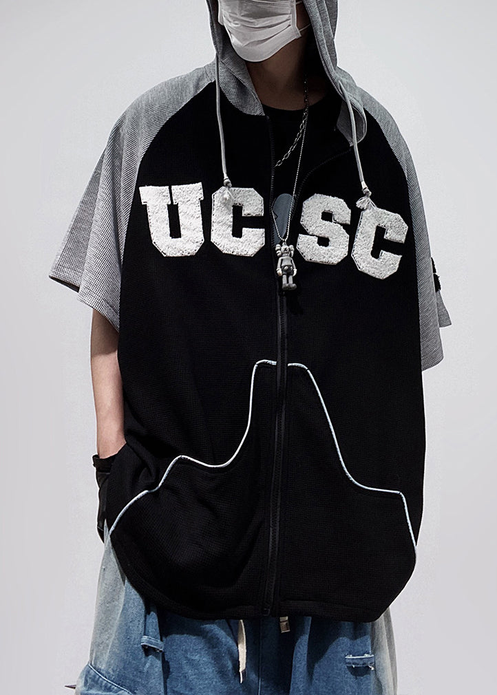 Shirts Hooded Size Cotton Half Plus Black T Patchwork Men Zippered Sleeve