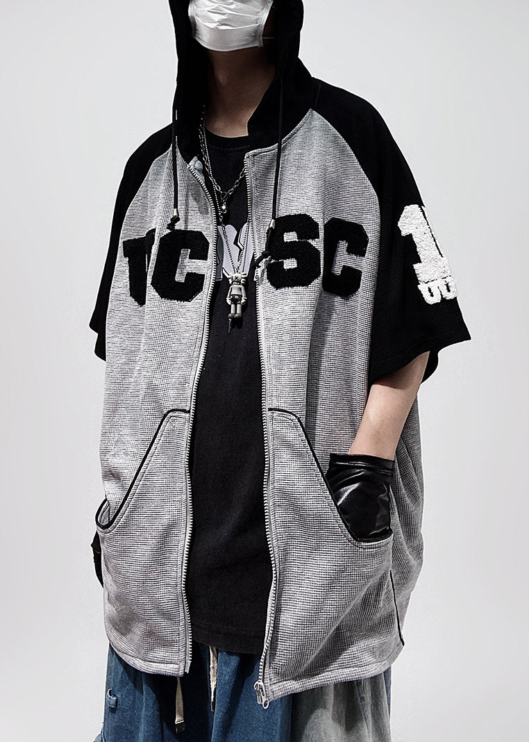 Shirts Hooded Size Cotton Half Plus Black T Patchwork Men Zippered Sleeve