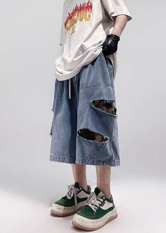 Denim Men Summer Hole Size Pockets Plus Shorts Blue