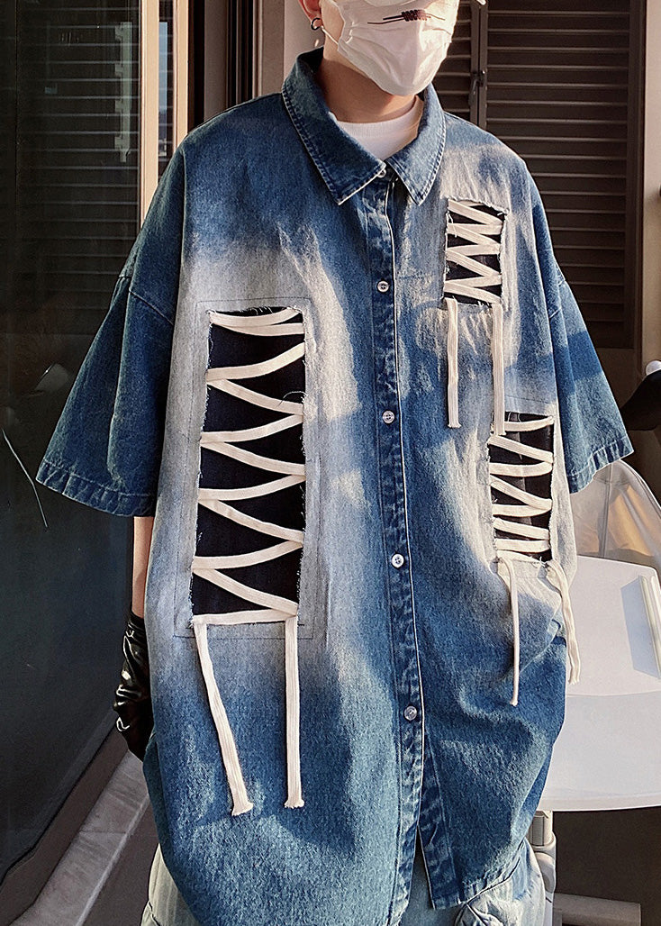 Sleeve Design Patchwork Men Half Size Plus Original Shirts Blue