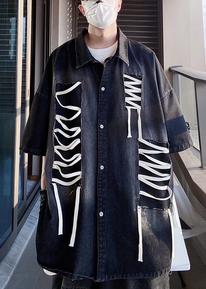 Sleeve Design Patchwork Men Half Size Plus Original Shirts Blue