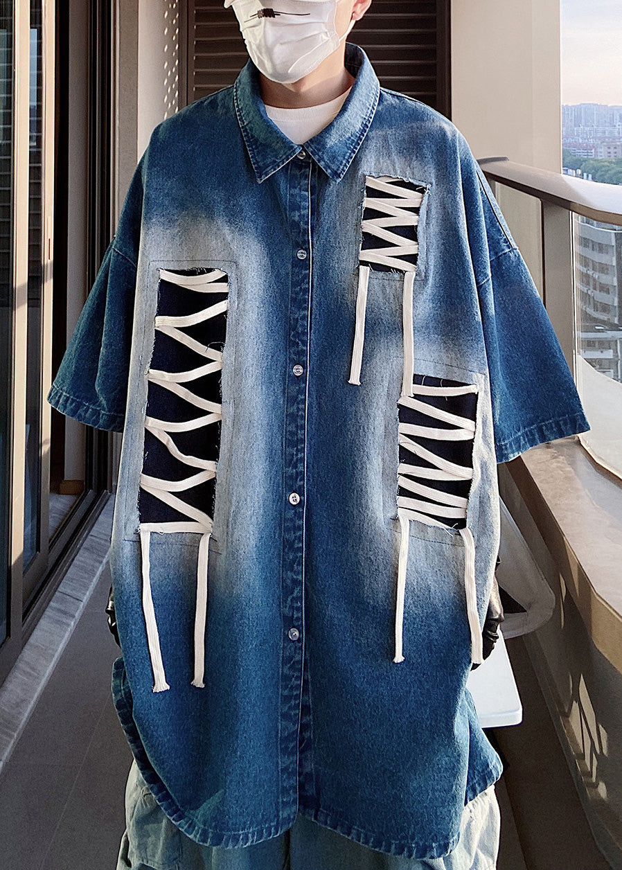 Sleeve Design Patchwork Men Half Size Plus Original Shirts Blue