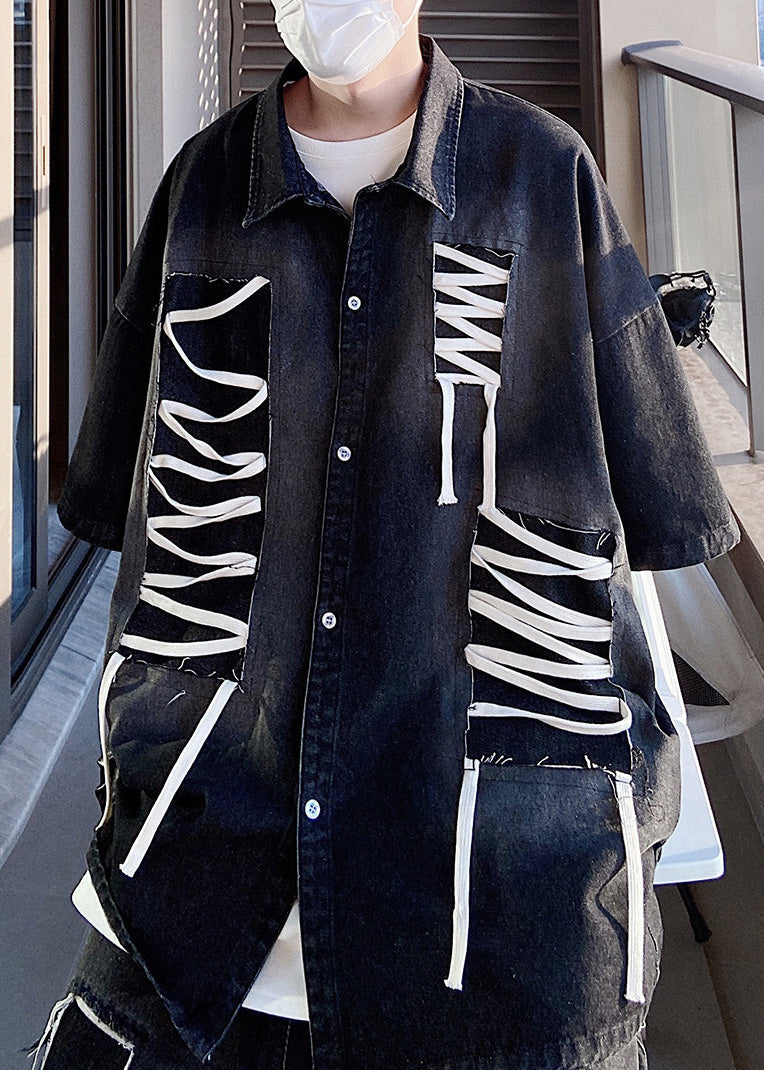 Sleeve Design Patchwork Men Half Size Plus Original Shirts Blue