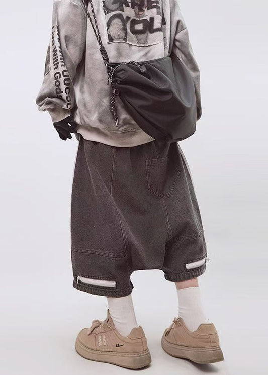 Zippered Shorts Dark Elastic Plus Waist Men Summer Striped Gray Size