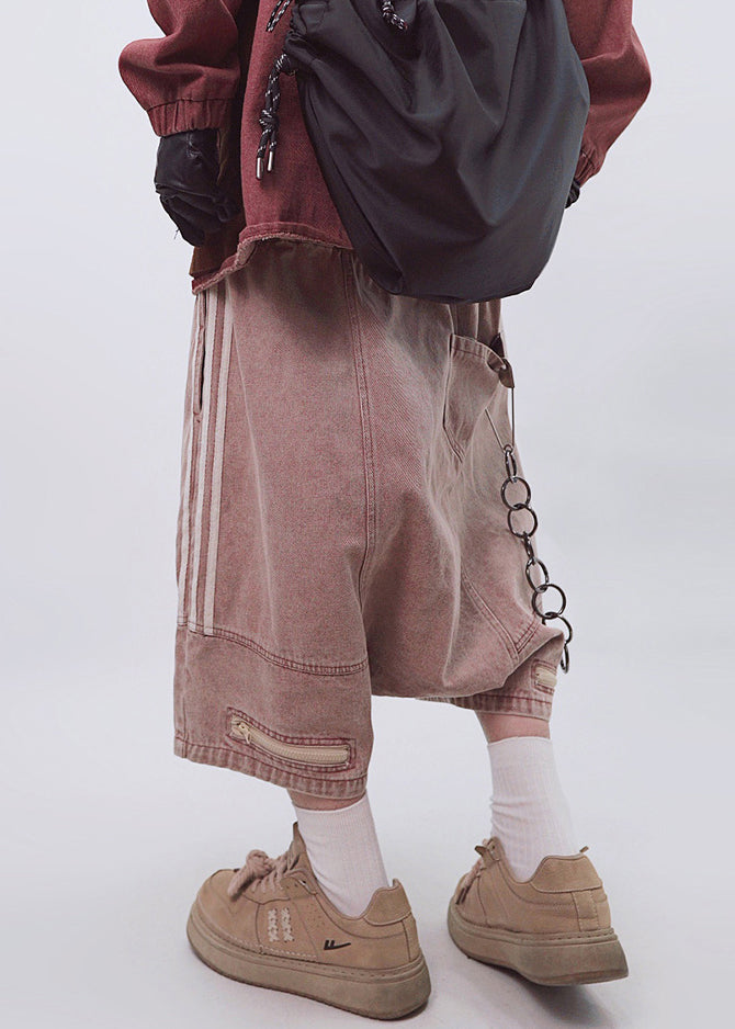 Zippered Shorts Dark Elastic Plus Waist Men Summer Striped Gray Size