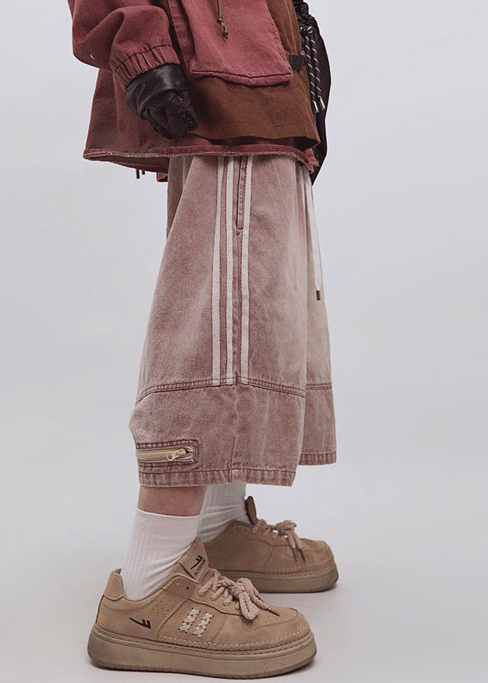 Zippered Shorts Dark Elastic Plus Waist Men Summer Striped Gray Size