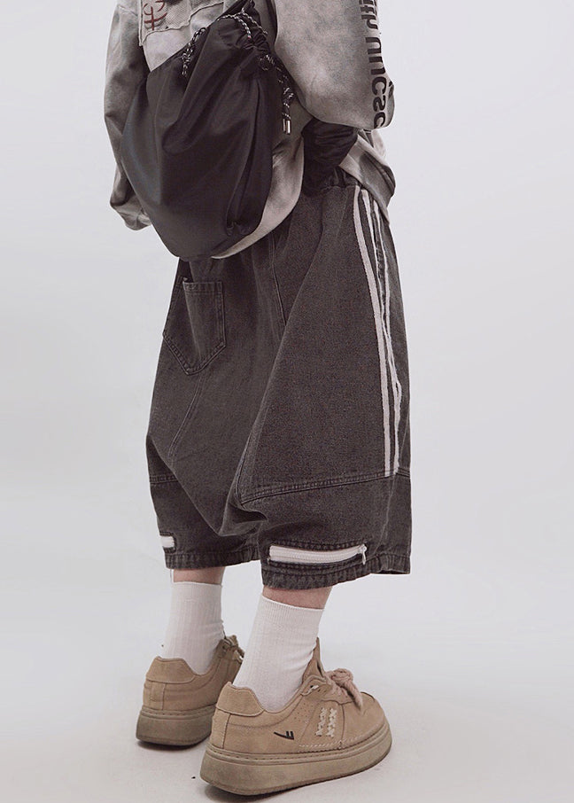 Zippered Shorts Dark Elastic Plus Waist Men Summer Striped Gray Size