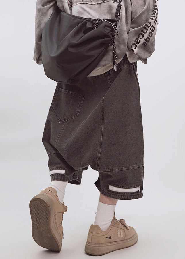 Zippered Shorts Dark Elastic Plus Waist Men Summer Striped Gray Size