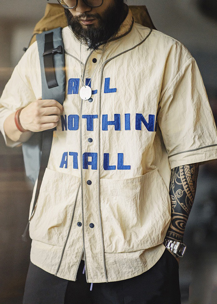 Plus Size Shirts Khaki Letter Half Button Men Cotton Sleeve Pockets