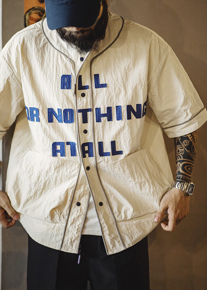 Plus Size Shirts Khaki Letter Half Button Men Cotton Sleeve Pockets